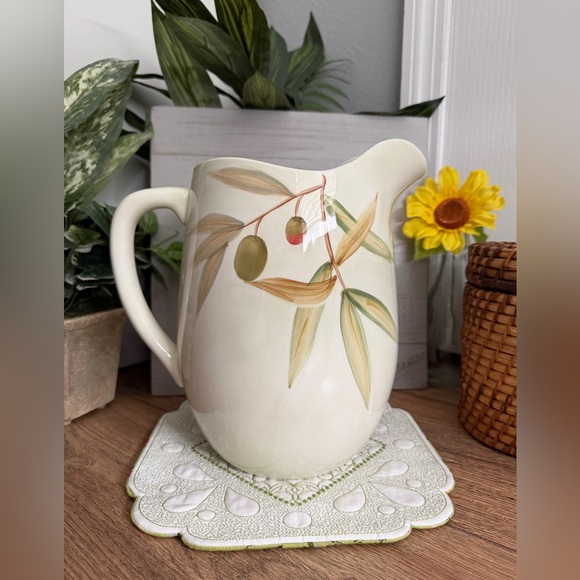 Nicoise by Home Vintage Olive Pattern 10” Stoneware Pitcher - Picture 3 of 6